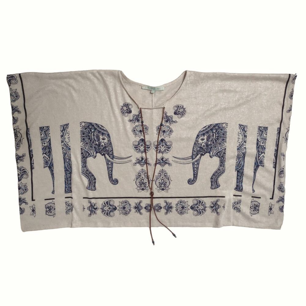 LA FE MARABOUTEE Poncho Top Size 1 Elephant Print Leather Tie Beads Boho Retro - Picture 3 of 11